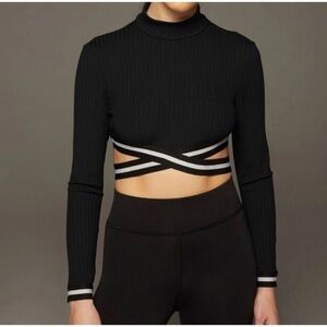 MICHI Apex Ribbed Long Sleeve Top Criss Cross Strap Cropped Black